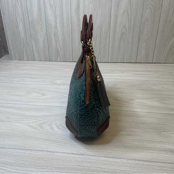 Artesanal Hand Tooled & Painted Vegan Leather Handbag Clutch Brown Turquoise - Picture 5 of 15